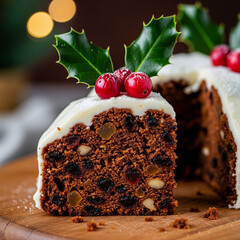 Slice of Christmas fruitcake with nuts, dried fruits, white icing, cranberries, and rosemary on a festive plate.