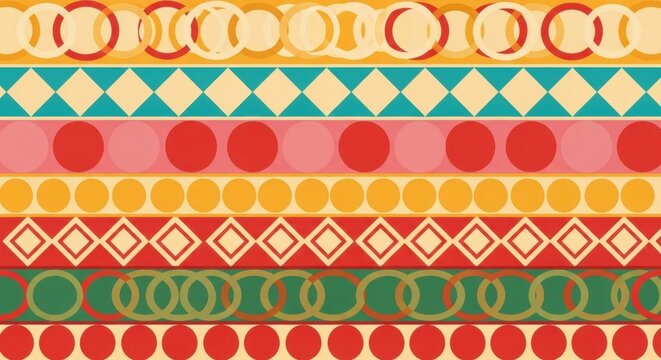 Colorful geometric pattern with stripes, circles, and diamonds in vibrant retro design