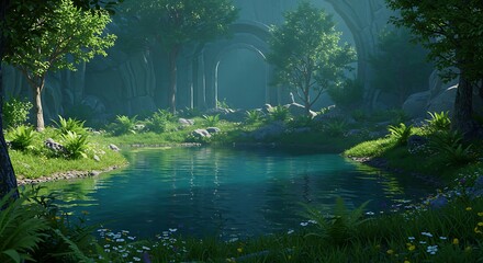 Fototapeta premium Ethereal Sunbeams Illuminate a Hidden Turquoise Forest Sanctuary.