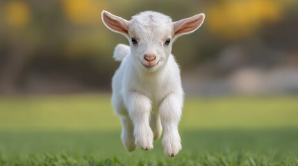 Fototapeta premium Playful Baby Goat Jumping Across Green Grass in a Sunny Outdoor Environment with Blurred Background