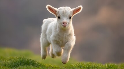 Obraz premium Playful Young Goat Kid Leaping Joyfully Through Lush Green Grass in a Scenic Outdoor Setting Under Soft Natural Light