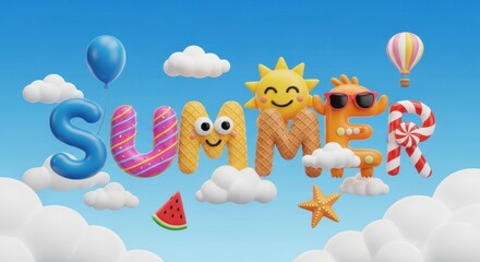 Colorful summerthemed illustration with balloons, sun, and candy in sky with clouds