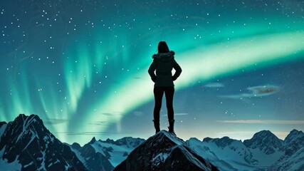 Stargazer and Northern Lights: A solitary figure stands in awe atop a majestic mountain, silhouetted against a breathtaking backdrop of the Aurora Borealis, with the starry sky as their backdrop.