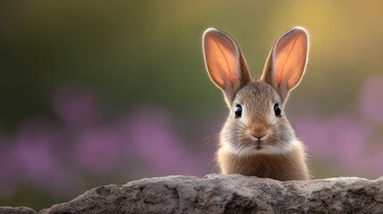 Fototapeta premium Cute rabbit sitting on a rock with soft background colors and flowers, showcasing its large ears and inquisitive expression in a serene nature setting