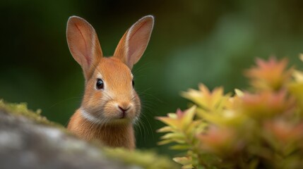 Fototapeta premium Cute brown rabbit peeking through vibrant green foliage in a serene garden setting with soft natural lighting creating a peaceful atmosphere