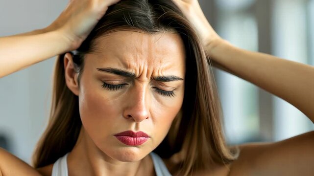Intense Struggle: A woman, etched with worry, struggles with headache, her expression a mix of anguish and strain. This image conveys the experience of headache, stress, frustration.