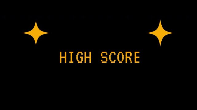 Pixelated HIGH SCORE text glimmers with sparkling stars on a black background.  4K video animation for video game