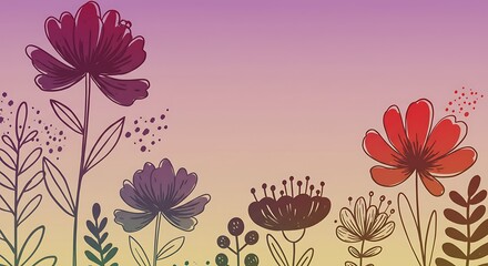 Floral Fantasy - Delicate Line Art Flowers Against a Soft Gradient Background.
