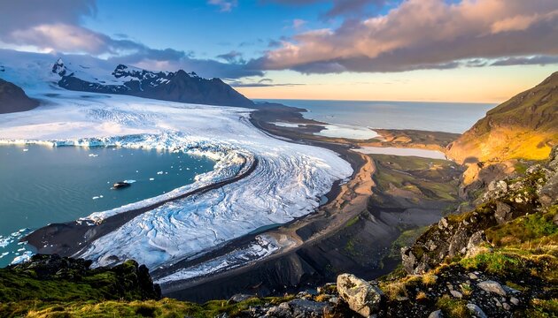A glacial landscape with ice, mountains, ocean, and a colorful sky during sunset
