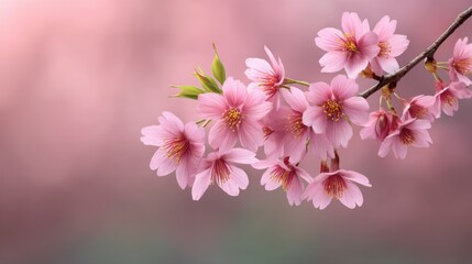 Fototapeta premium Delicate Cherry Blossom Branch with Vibrant Pink Flowers Against a Soft Pink Background in Spring Season