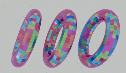 A set of three transparent, holographic rings with colorful mosaic-like reflections, floating on a bright neutral background. Three Opalescent Disco-Style Rings.