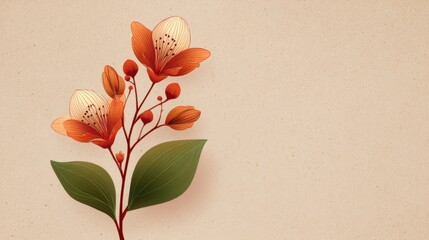Naklejka premium Elegant floral design with delicate orange flowers and green leaves on a textured beige background for creative projects and inspirational artwork