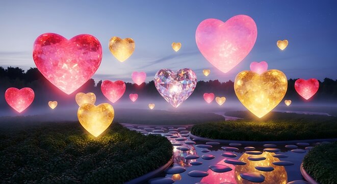 Heart-shaped lanterns illuminate a serene river landscape at twilight, creating a romantic and magical atmosphere. - Powered by Adobe