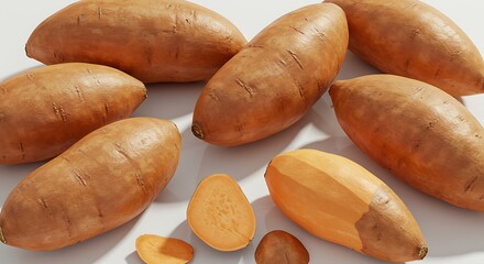Fresh Raw Sweet Potatoes, Whole and Partially Peeled, Scattered on a Bright White Surface.