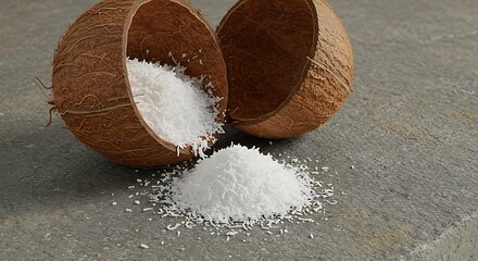 Freshly Shredded Coconut Flakes Spilling from Cracked Shell Halves on Grey Surface.