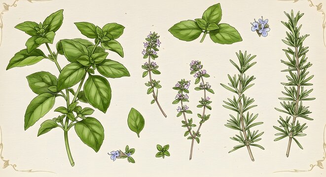 Botanical illustration of basil thyme and rosemary set against a light parchmentlike background