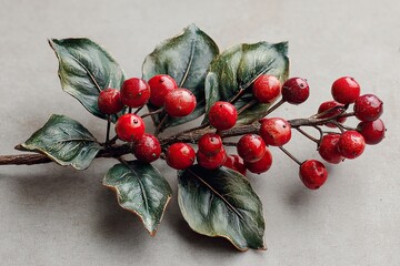 Flat holly branch with vibrant red berries on a textured surface for festive decoration