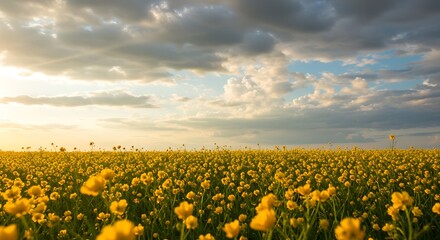 Golden Field of Blooming Yellow Flowers Under Dramatic Sunset Sky.