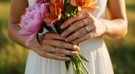 Golden Hour Bride - Delicate Hands Holding Vibrant Wedding Bouquet.