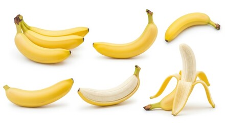 Assorted bananas in various stages of ripeness isolated on white background