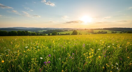 Golden Hour Meadow - Serene Sunset Landscape with Rolling Hills.
