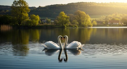 Golden Hour Serenity - Two Swans Forming a Perfect Heart on a Tranquil Lake.