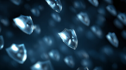 Abstract representation of data protection and cybersecurity with numerous glowing shield icons, illustrating advanced technology and IT security solutions for digital safety