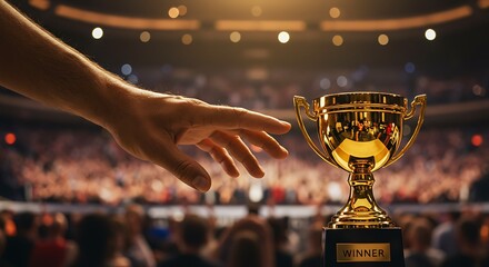 Golden Moment of Victory - Hand Reaching for a Champions Trophy in a Lit Arena.