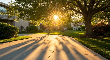 Golden Hour Sunburst Casts Long, Dramatic Tree Shadows Across a Suburban Driveway.