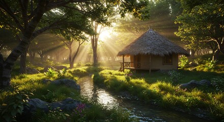 Golden Sunbeams Pierce Lush Jungle Canopy, Illuminating a Secluded Thatched Hut by a Serene Stream.