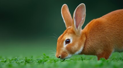 Fototapeta premium Cute orange rabbit exploring lush green grass in a serene outdoor environment, showcasing its vibrant fur and curious nature in soft natural light
