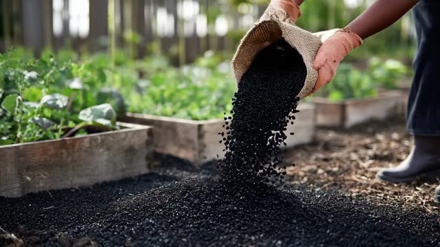 Medium shot of a gardener evenly distributing biochar rich in nutrients across an urban garden plot to boost soil health and crop yield