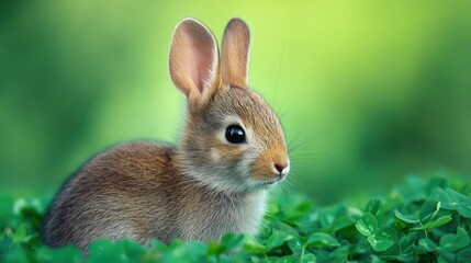 Fototapeta premium Adorable Young Bunny Rabbit Sitting Among Lush Green Clover Leaves in a Serene Natural Environment with Soft Focus Background
