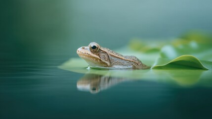 Fototapeta premium Close-Up of a Frog Resting on a Leaf in Calm Waters with Soft Reflections and Serene Background for Nature Photography Enthusiasts