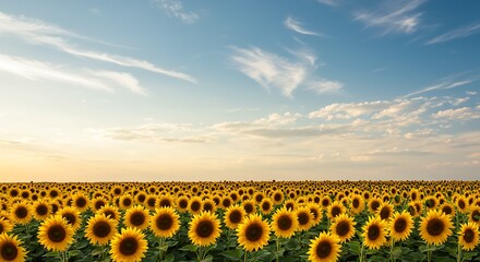 Golden Sunflower Field Under a Bright Blue Sky with Wispy Clouds at Sunset.