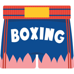 Blue Boxing Shorts With Red Trim and Pink Fringe Detailed With White Letters Spelling Boxing Across The Front