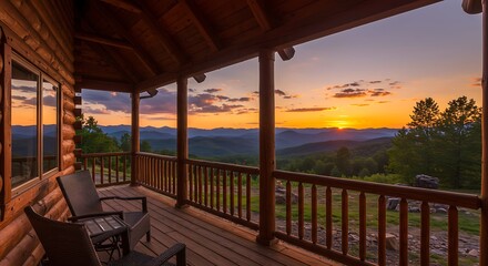 Golden Sunset Over Majestic Mountains from Rustic Log Cabin Porch, Inviting Serenity.