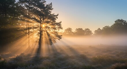 Golden Sunrise Piercing Misty Forest, Radiant Light Beams.