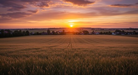 Golden Sunset Over Wheat Field, Dramatic Sky, Horizon, Warm Colors, Serene Landscape.