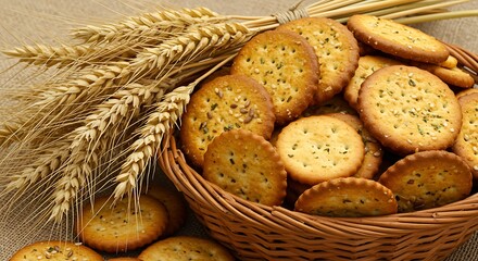 Golden Wheat Crackers in Rustic Woven Basket with Natural Grains, Wholesome Baked Snack Still Life.