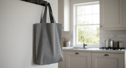 Grey Tote Bag Hanging in Modern Kitchen - Minimalist Interior Design.