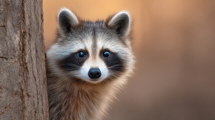 Obraz premium Curious raccoon peeking from behind a tree trunk in soft focus background with warm lighting and a serene woodland atmosphere
