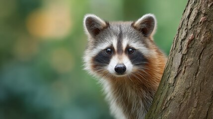 Obraz premium Close-Up of a Playful Raccoon Peeking from Behind a Tree in a Natural Setting with Soft Bokeh Background Effect Highlighting Its Features