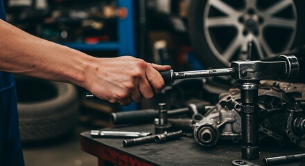 Grit and Precision - A Mechanics Hand Grips a Wrench in an Auto Repair Shop.