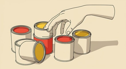 Hand Reaching for Yellow Paint Can Among Colorful Tins, Illustration.