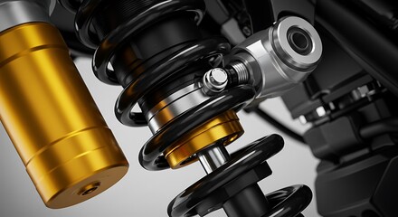 High-Performance Motorcycle Suspension - A Detailed Close-Up of a Gold and Black Monoshock Absorber.