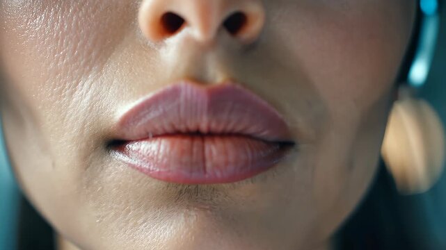 Sensual Whisper: Capturing the beauty of the woman's lips, with close-up focus on the fullness and texture, revealing a subtle hint of intimacy and allure. 