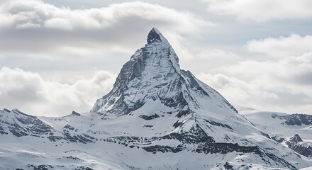 Iconic Matterhorn Peak, Snow-Clad Swiss Alps Under Dramatic Overcast Winter Sky.