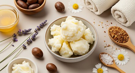 Holistic Beauty Flat Lay - Raw Shea Butter with Lavender, Honey, and Chamomile for Natural Skincare.
