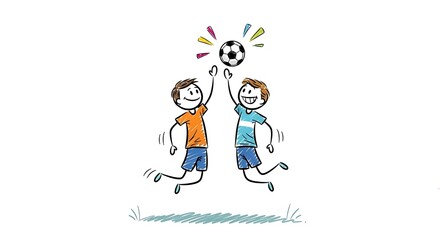 Obraz premium Two boys jumping to hit a soccer ball illustration.
